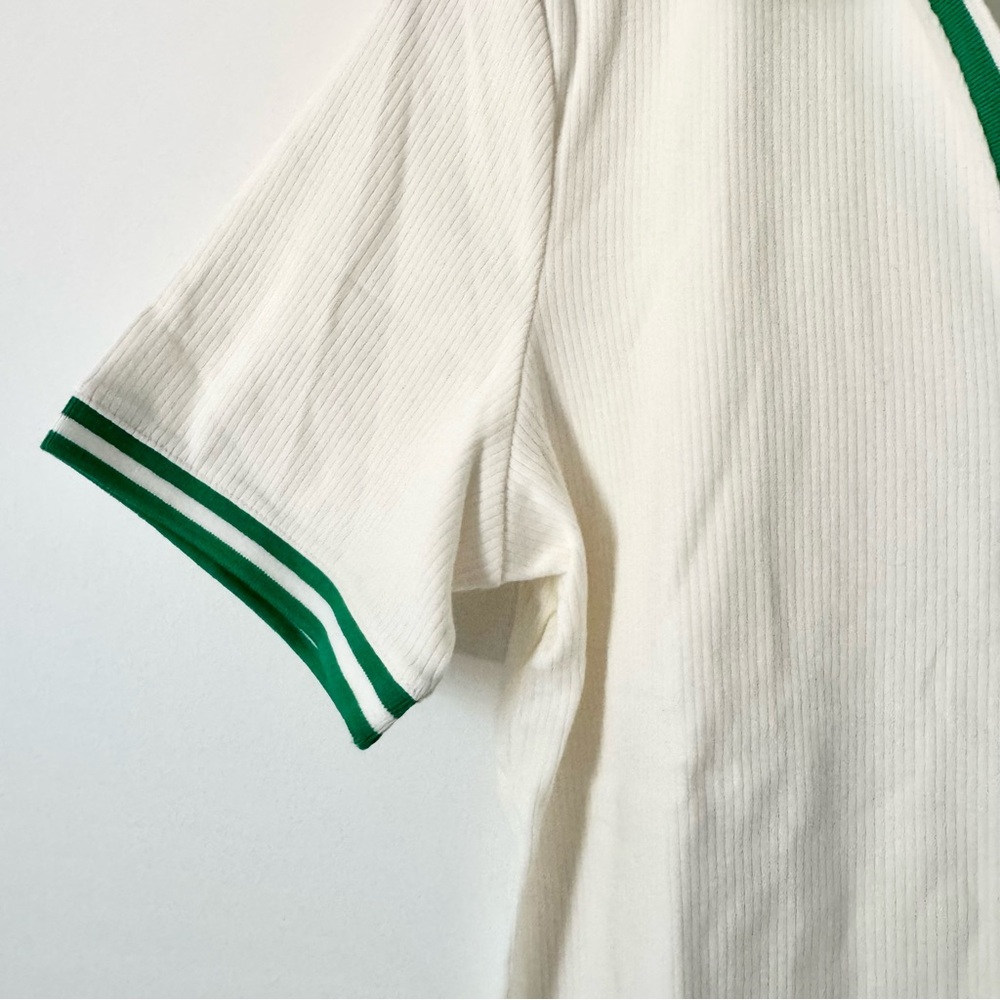 Lands' End Ribbed Polo Tee Off White Green Trim Size M - Picture 3 of 7